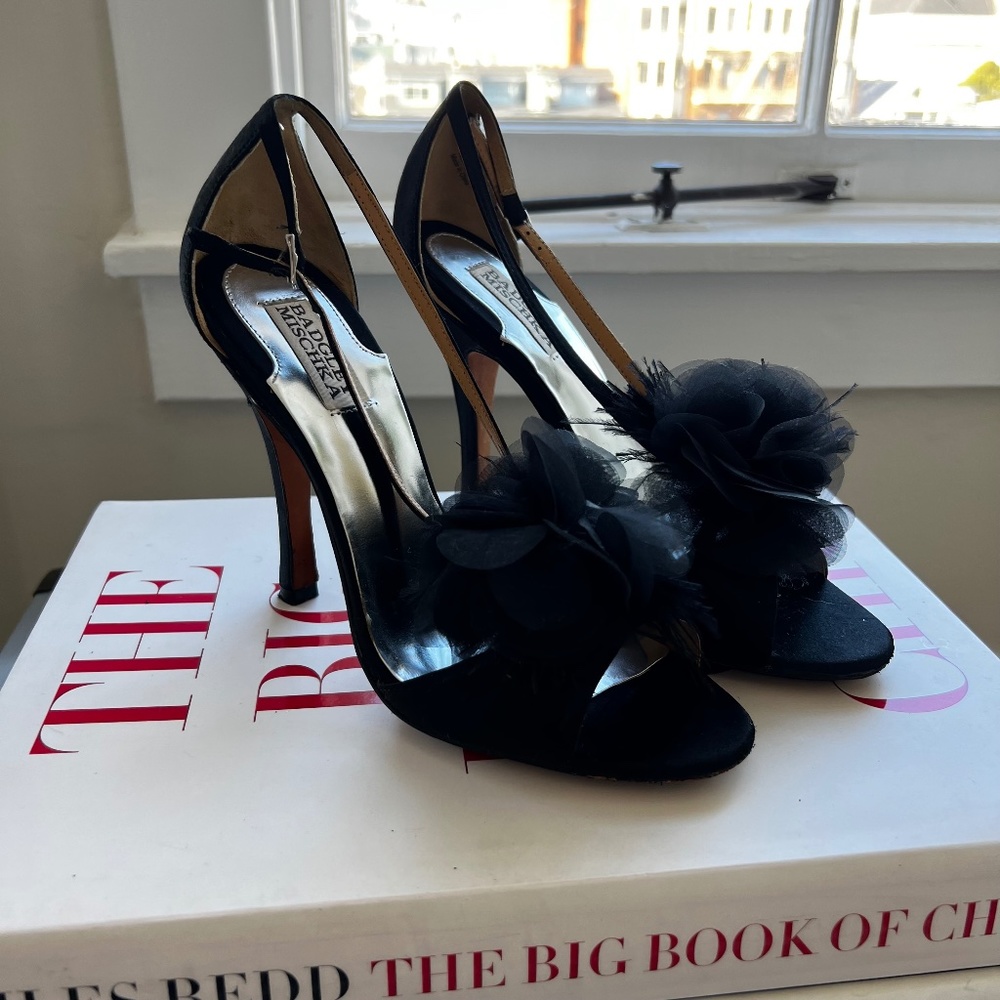 Badgley Mischka Satin Mesh Flower Sandal Heel